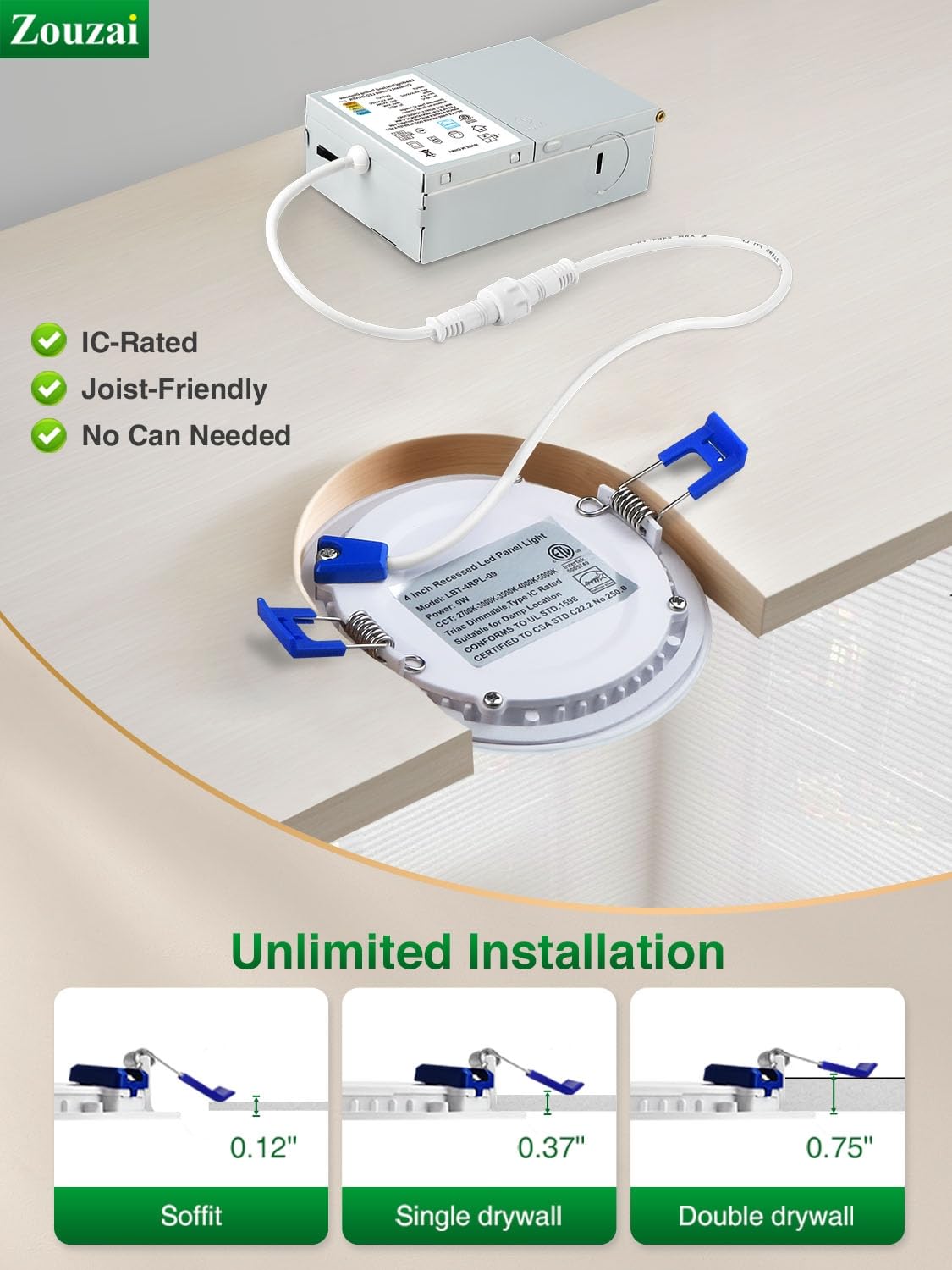 zouzai 24 Pack 6 Inch Ultra-Thin LED Recessed Ceiling Light with Junction Box, 5000K Daylight, 12W 110W Eqv, Dimmable Can-Killer Downlight, 1080LM High Brightness - ETL and Energy Star Certified