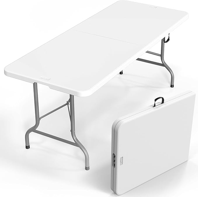 VINGLI 6 Foot Plastic Folding Table Portable Long Table for Indoor Outdoor Use Rectangular with Carrying Handle, Smooth HD...