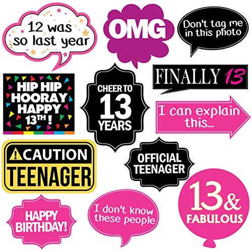 13th Birthday Photo Booth Party Props - 40 Pieces - Funny Official Teenager Birthday Party Supplies, Decorations and Favors