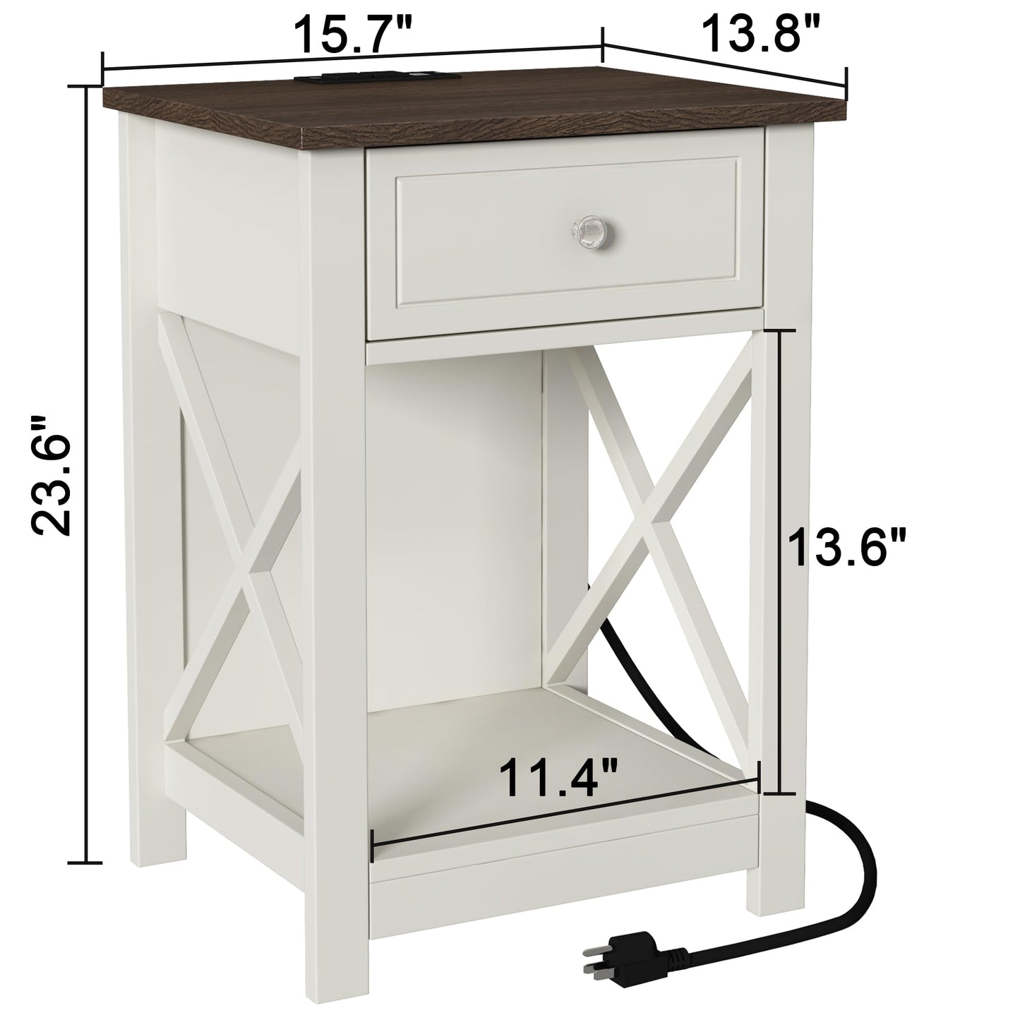 Treocho Farmhouse End Table Set of 2,Nightstand with Charging Station, X-Design Side Table with 2 AC and USB Power Outlets, Small Night Stand with Storage Drawer and Open Shelf for Living Room