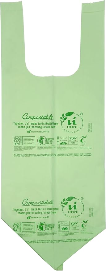 UNNI Compostable T-Shirt Bags with Tie Handles, 1.6 Gallon / 6 Liter, 200 Count Value Pack - 2 rolls × 100, 0.64 mil Small Compost Bin Liners, Certified by BPI, CMA & OK compost HOME