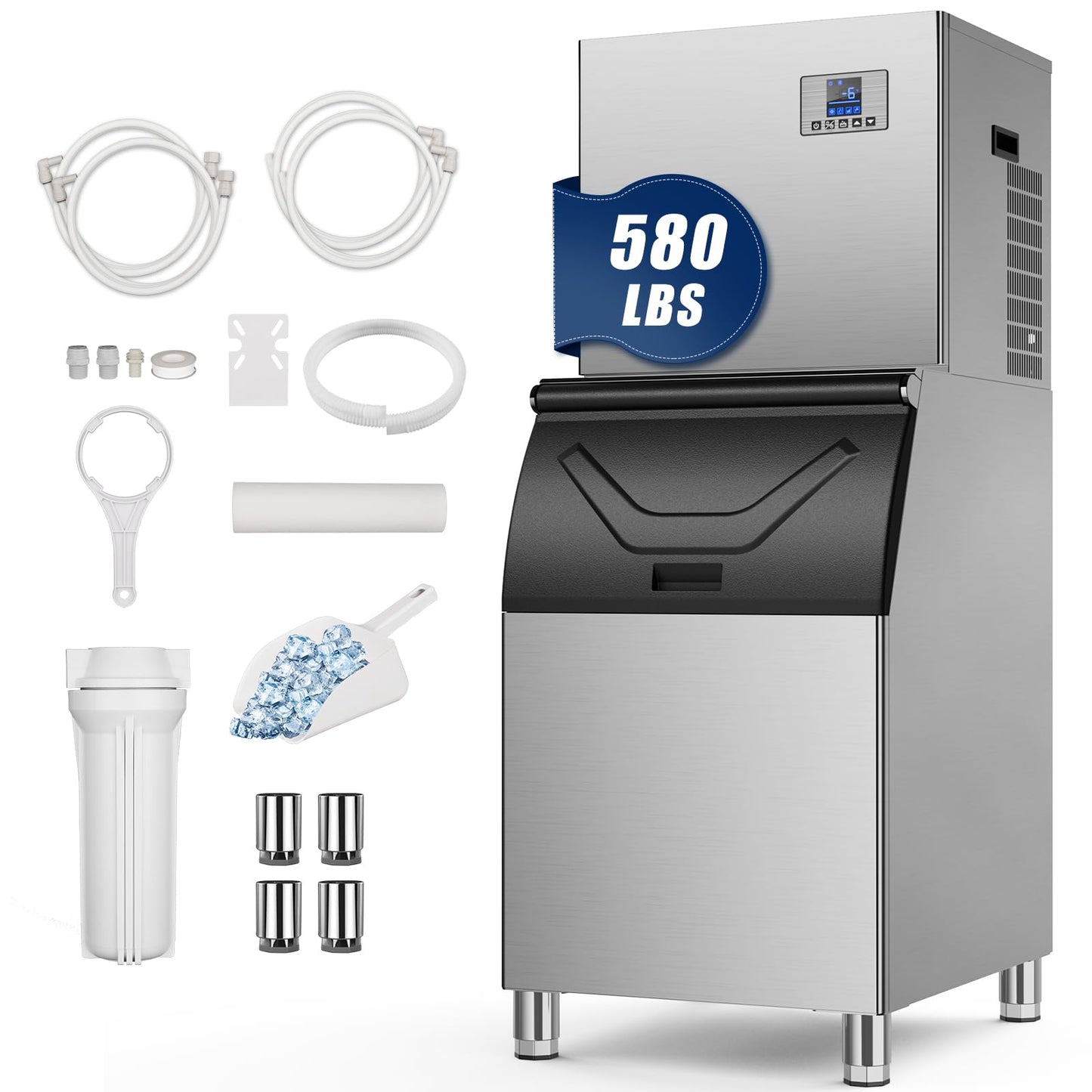 580 lbs/Day Commercial Ice Machine with 380 lbs Bin - Stainless Steel Industrial Commercial Ice Cube Maker w/Self-Cleaning & Timer for Bars, Restaurants