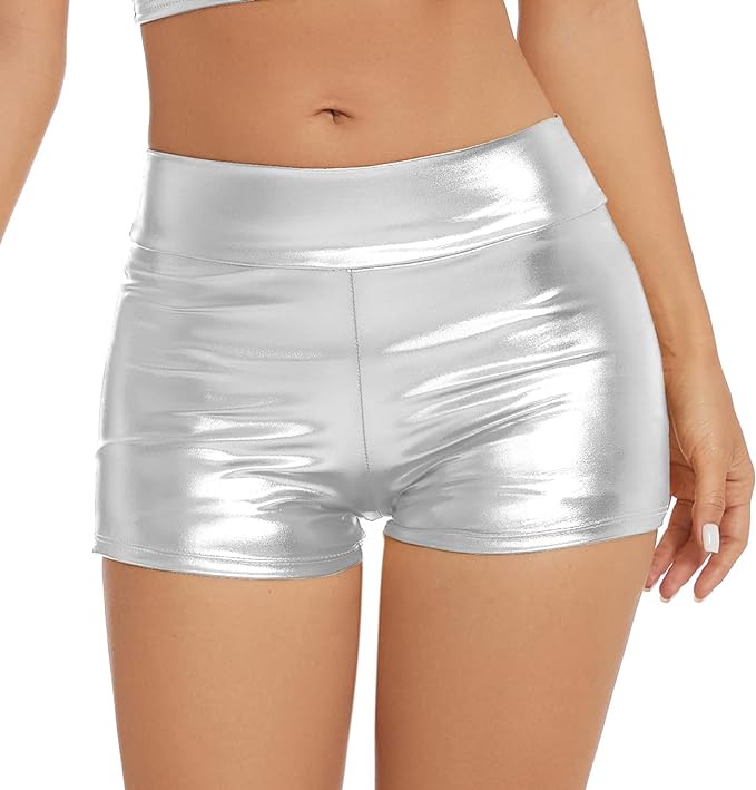Gatielzana Women's Metallic Rave Booty Shorts Shiny High Waisted Bottoms for Dance Festival