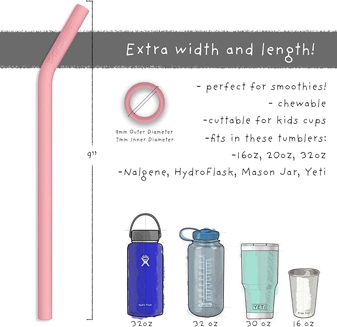 Reusable Silicone Drinking Straws - Big Size with Curved Bend for Tumblers Made from BPA Free No-Rubber Silicon - Flexible, Collapsible, Chewy, Bendy, Safe for Kids/Toddlers