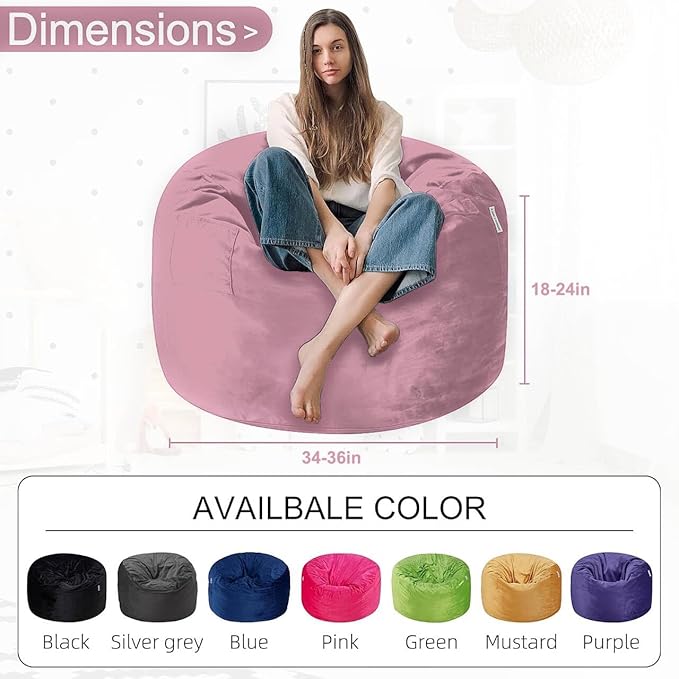 HABUTWAY Bean Bag Chair 3Ft Luxurious Velvet Ultra Soft Fur with High Rebound Memory Foam Bean Bag Chairs for Adults Plush Lazy Sofa with Fluffy Sponge 3' (Soft Pink)