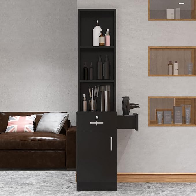 Paddie Hair Salon Stations, Lockable Barber Stations Wall Mount Salon Equipment for Hair Stylist with 1 Lockable Drawer, 3 Holders & 1 Storage Cabinet (with Holders, Black)