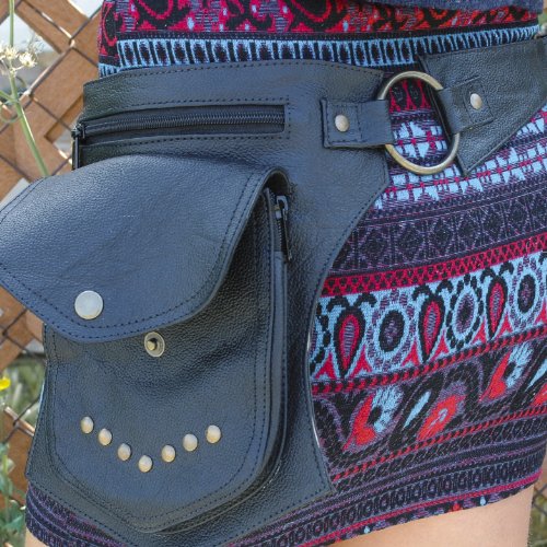Black Leather Travel Belt, Fanny Pack with Gold Studs and Metal Grommets, for Men & Women, One Size Fits All, Perfect for ...