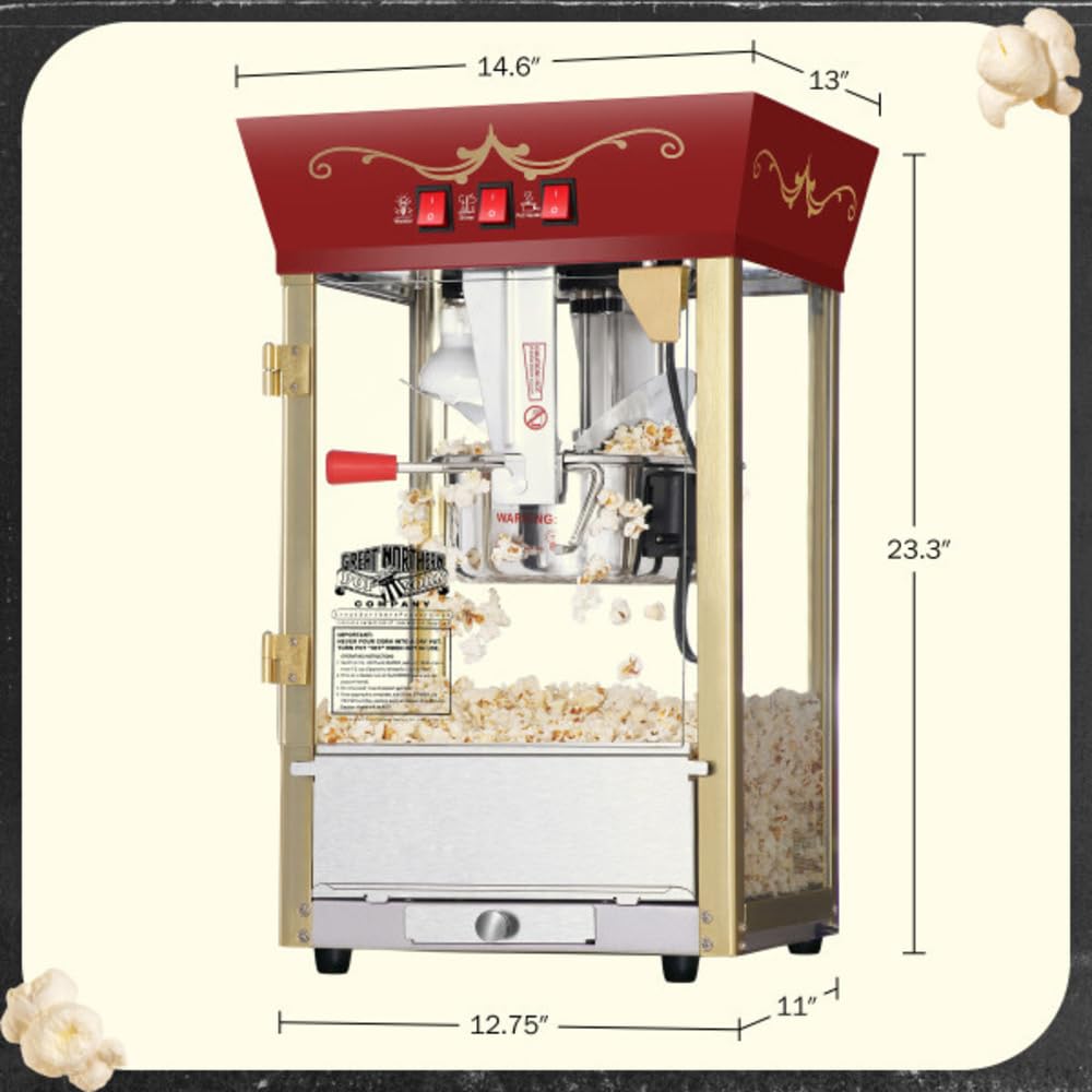 Matinee Popcorn Machine - 8oz Popper with Stainless-Steel Kettle, Reject Kernel Tray, Warming Light, and Accessories by Great Northern Popcorn (Red)