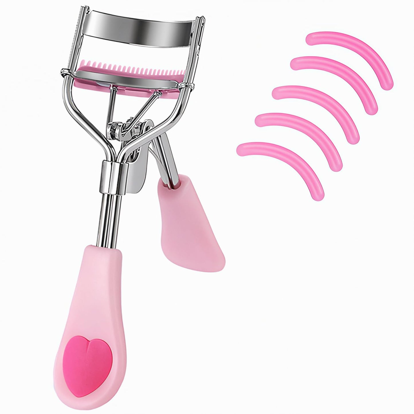 MERVK Stainless Steel Eyelash Curler with Built-in Comb Pinch Pain-Free Suitable for Any Eye Shapes and Sizes, with 5 Silicone Refill Pads (Light Pink)
