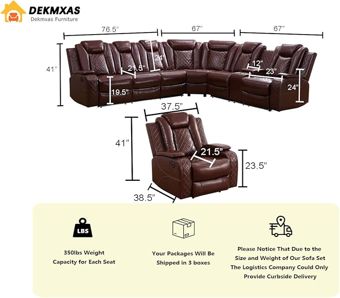Dekmxas Power Sectional Reclining Sofa Set, Brown Breathing Leather Power Recliner Sofa Set with LED Light, Living Room Furniture with 3 Recliner Seats/Cup Holder/Storage Console for Living Room