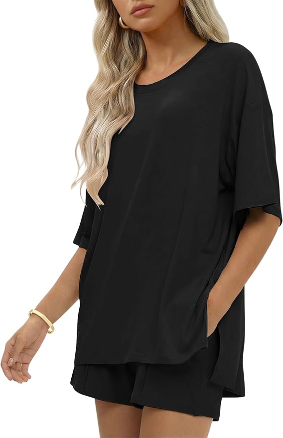 Ekouaer Womens 100% Cotton 2 Pieces Short Sets Summer Short Sleeve Outfits Casual Maching Lounge Set with Pockets