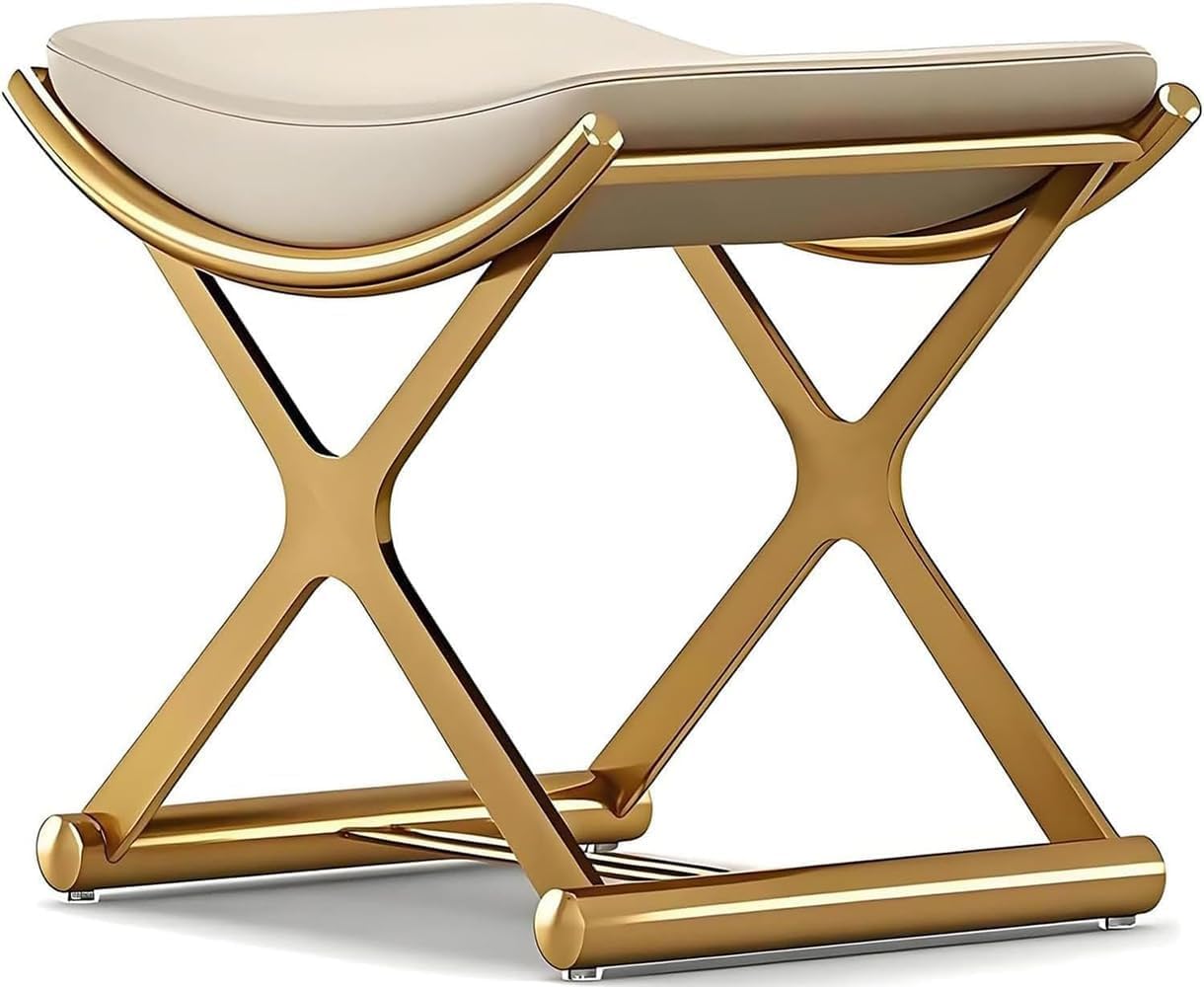 KUCKGO Modern Bathroom Vanity Stool Makeup Chair - Backless Leather Vanity Bench Seat with Metal X Legs, Small Ottoman Footstool for, Bedroom, Living Room, Dressing Room, Gold