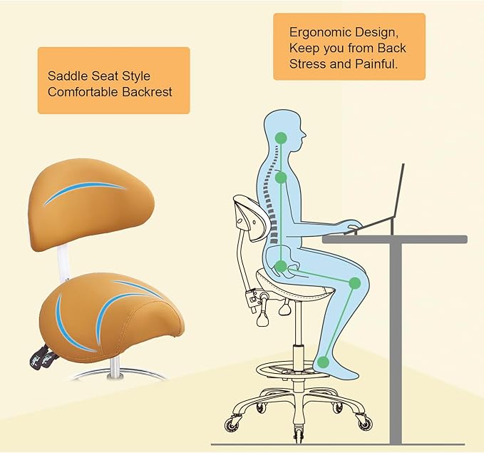Nazalus Saddle Stool Chair with Back Support Footrest, Heavy-Duty(350LBS), Hydraulic Rolling Swivel Adjustable Stool Chair for Salon Spa Beauty Massage Dental Clinic Home Office Use(Camel)