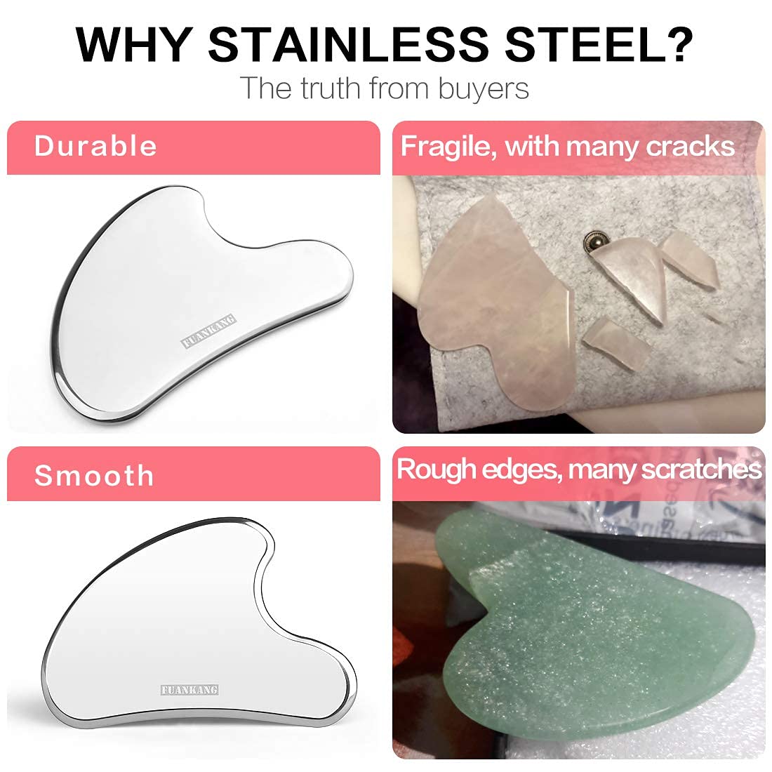 FUANKANG Gua Sha Facial Tools with Travel Pouch Stainless Steel Scraping Massage Tool for Face