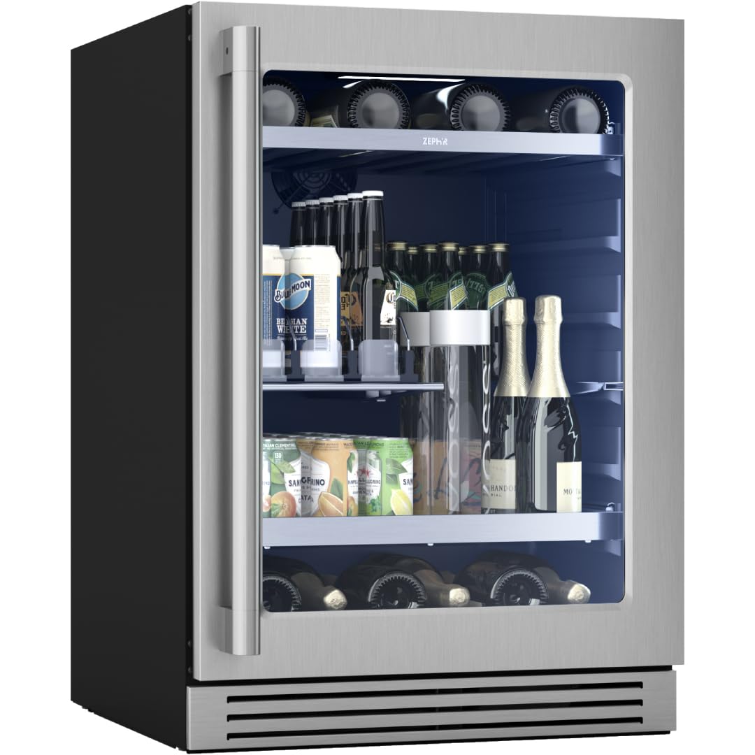 Zephyr 24" Wine Fridge & Beverage Refrigerator Single Zone Under Counter - Mini Wine Cooler Cellars Small Beer Fridge Cabinet Drink Chiller Freestanding Wine Beverage Cooler, 7 bottles,112 cans
