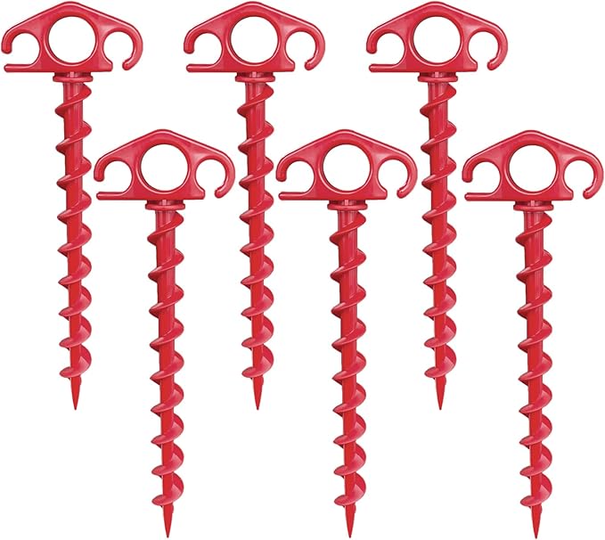 COBARYEN Tent Stakes Ground Anchors Screw in, 6 Pack Sand Stakes for Beach 9.4 Inch Heavy Duty Spiral Tent Pegs for Camping, Party, Hiking, Outdoor Decoration (6, Red)