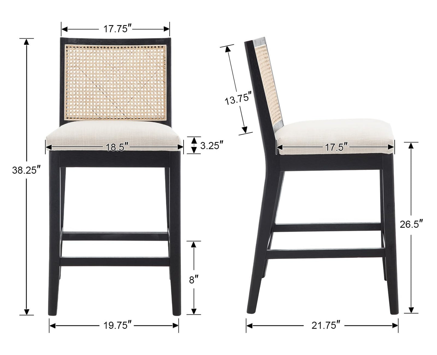 RIVOVA 26.5" Rattan Bar Stools Set of 2 Modern Linen Fabric Upholstered Counter Height Bar Stools, Kitchen Island Barstools with Rattan Back, Black Finish Wood Legs Bar Chairs, Beige