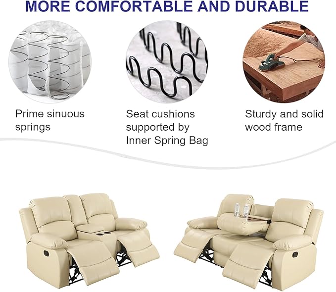 A Ainehome Living Room Furniture Set Leather Recliner Sofa Set Loveseat Chair Furniture Sofa Set for Living Room/Small Space/Rv/House/Office/Theater Seating (A-Beige Leather, Sofa+Loveseat)
