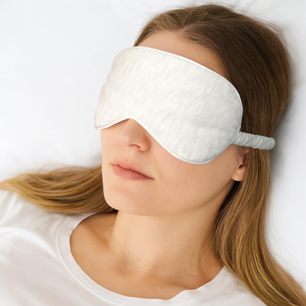 Cotton Sleep Mask for Women Men, Sleeping Eye Masks, Comfortable Soft Adjustable Elastic Eyes Covers for Nighttime Traveling Gift, Lightweight Breathable Core Blackout Cover with Strap, Pure Beige