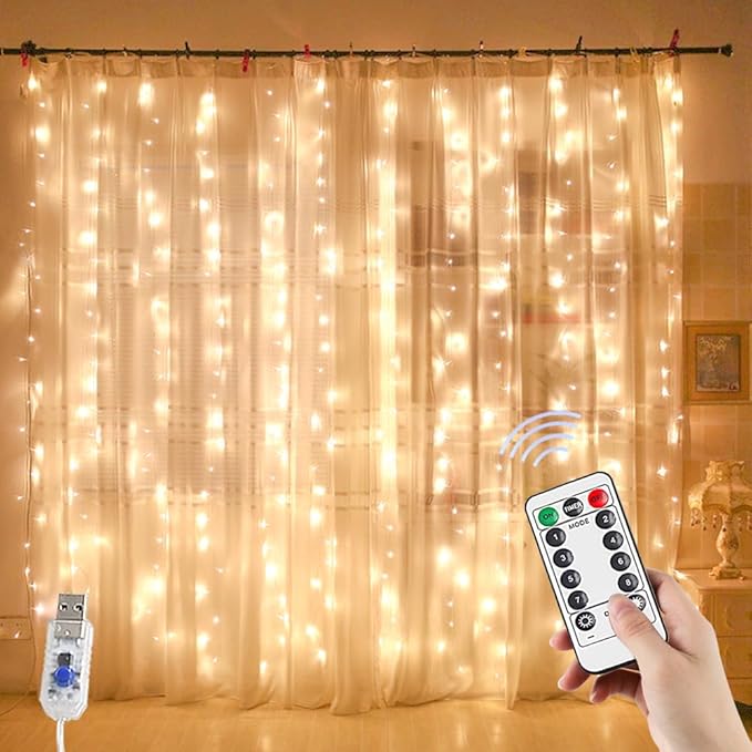 YEOLEH String Lights Curtain,7.9 x 5.9Ft 144LEDs USB Powered Fairy Lights for Bedroom Wall Decor,8 Modes & IP64 Waterproof...