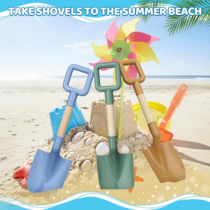 Dilabnda Kids Beach Sand Shovels, 16inch/40cm Sand Shovels for Garden, Large Beach Snow Spade Scoop for Kids Toddlers, Long Handle Plastic Wooden Shovel for Shoveling Digging Snowing (3PCS)
