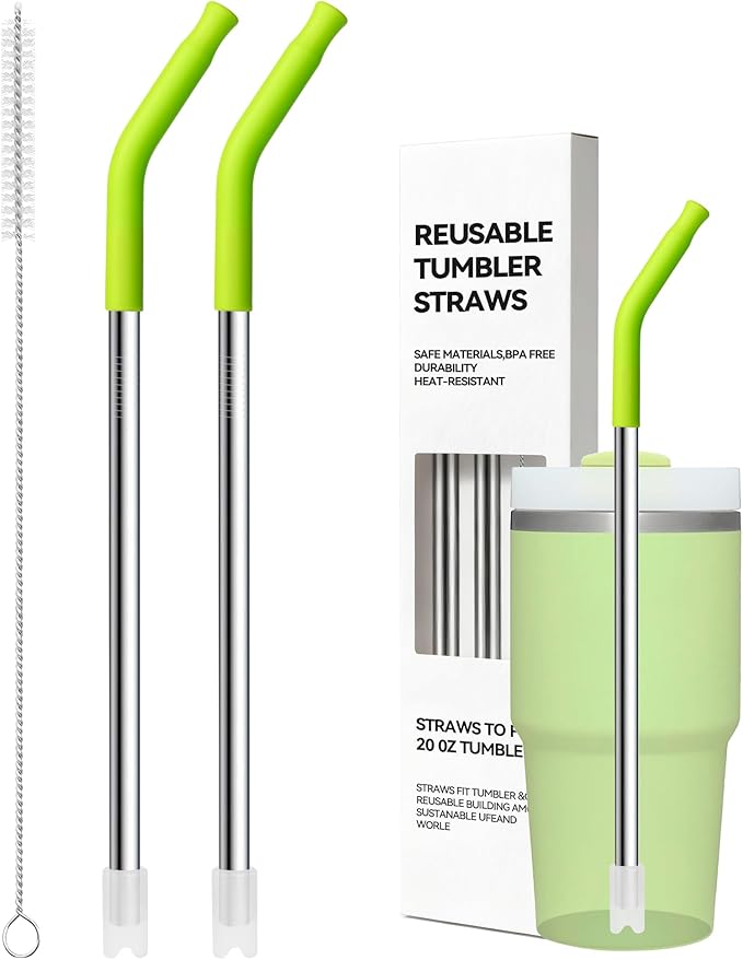 Metal Straws With Silicone Tip For Stanley Adventure Quencher H2.0 Tumbler 14 oz 20 oz, Short Straw Replacement Stainless Seel Straws Reusable For STANLEY Cups 14oz,20 oz, Dishwasher Safe(Apple Green)