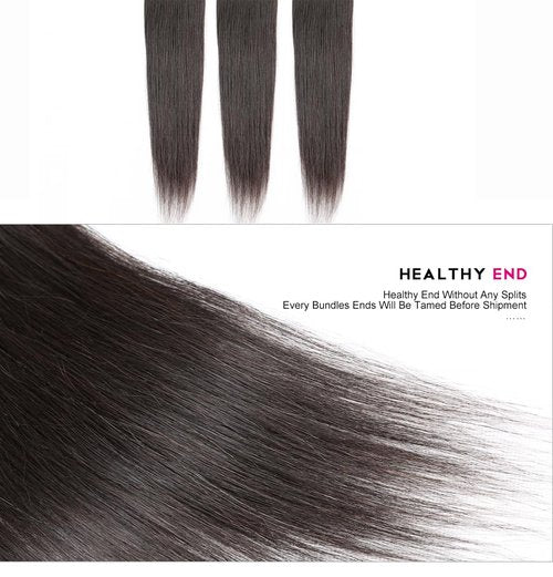 Human Hair 3 Bundles with Closure Straight 100% Unprocessed Virgin Brazilian Hair Bundles with 4x4 Lace Closure Free Part, Double Weft 10A Hair Weave Extensions (16" 16" 16" + 12" Closure)