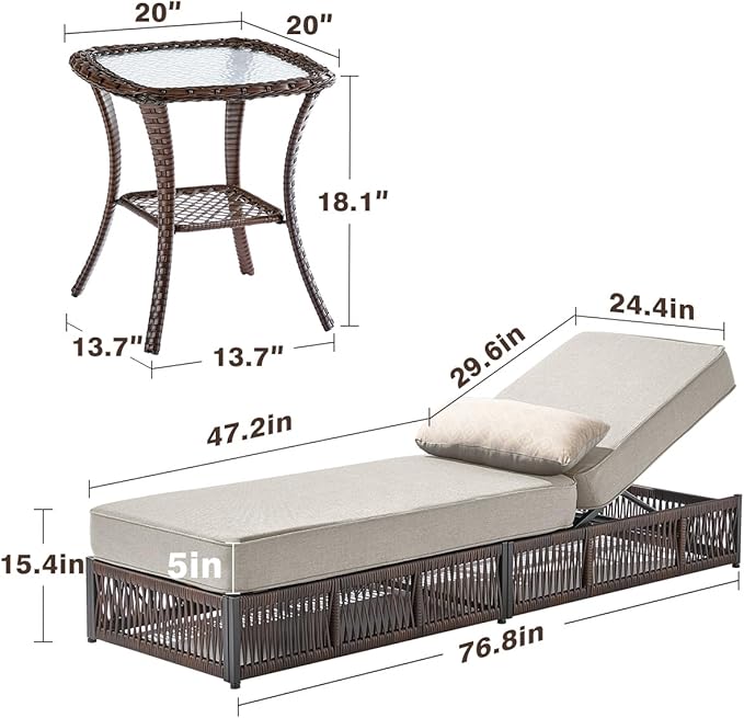 ACTREST Luxury Outdoor Chaise Lounge Chairs of 4 with 5 Inch Thick Cushions and Side Table - 6 PCS High Back Brown Wicker Rattan Patio Recliners Lounger Furniture Set for Poolside Sunbathing - Beige