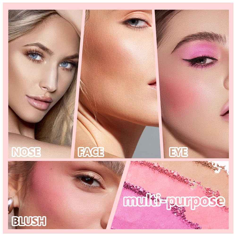 HHLTOH Matte Powder Blush Palette, 4 Colors Face Palette with White Highlighter, Brown Contour, Pink & Rose Pink Blush for Cheek