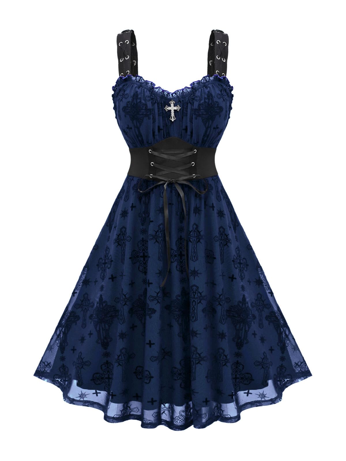 Rosegal Women Plus Size Gothic Lace-up Cross Mesh Overlay Lace Panel Ruffles Midi Dress Vinatge Goth Straps A Line Dress(Blue_1/M)