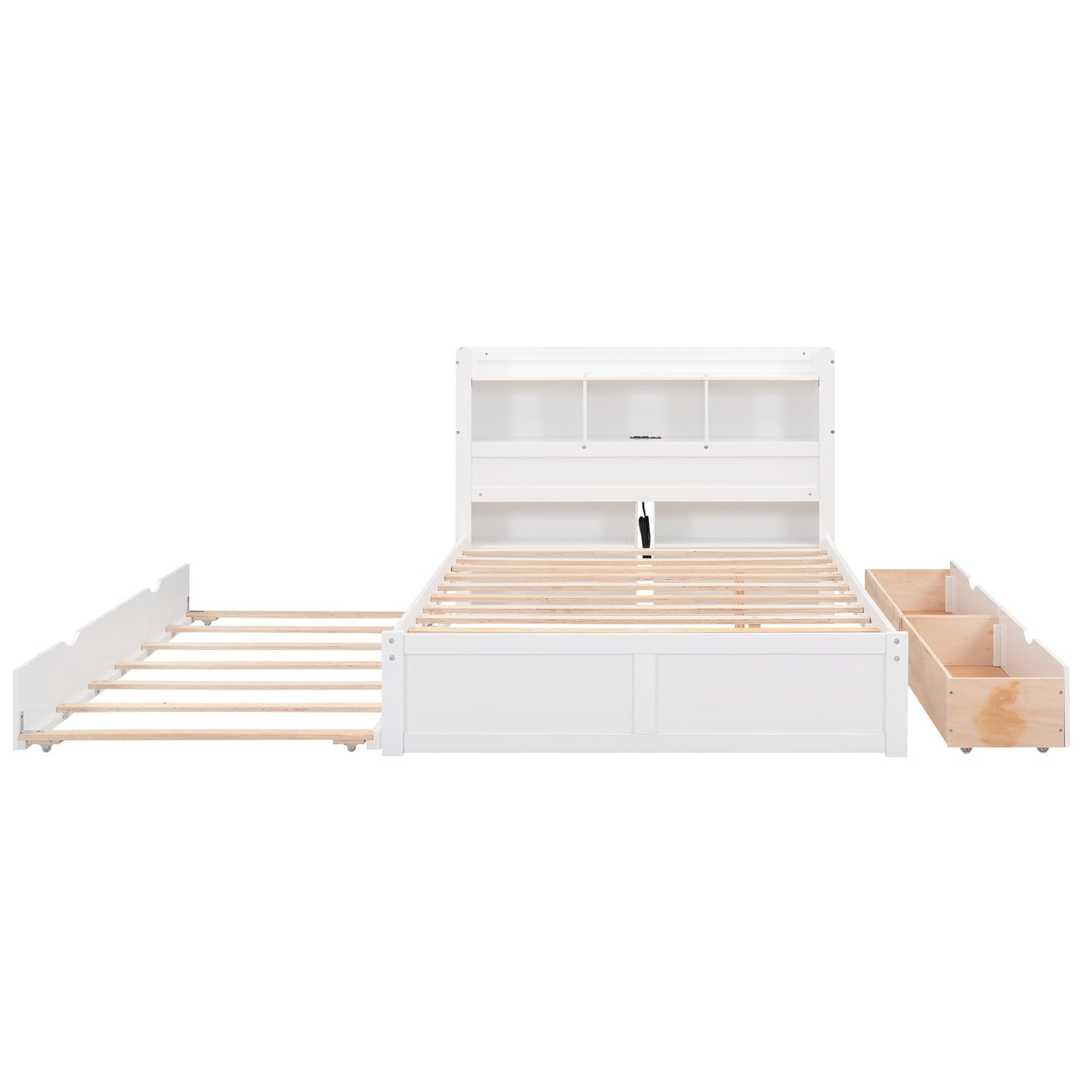 Full Size Storage Bed with Bookcase Headboard and Trundle, Wood Platform Bed Frame with Charging Station, Pull Out Shelves and Drawers for Kids Teens Adults, No Box Spring Needed,White