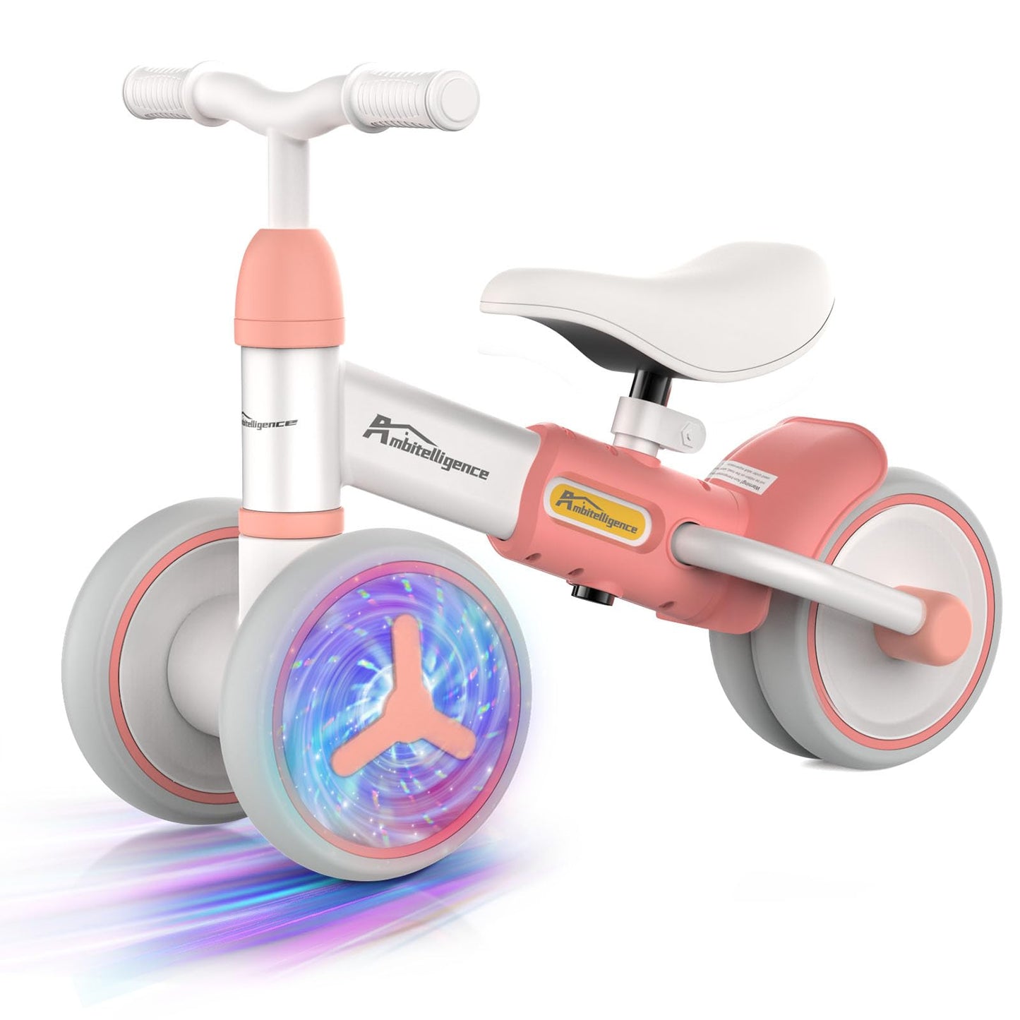 Ambitelligence Colorful Lighting Baby Balance Bike for 1 Year Old Girl Boy Gifts 12-36 Months Toddler Balance Bike with Adjustable Soft Seat and 4 Wheels First Birthday Gifts for Baby Scooter (Pink)