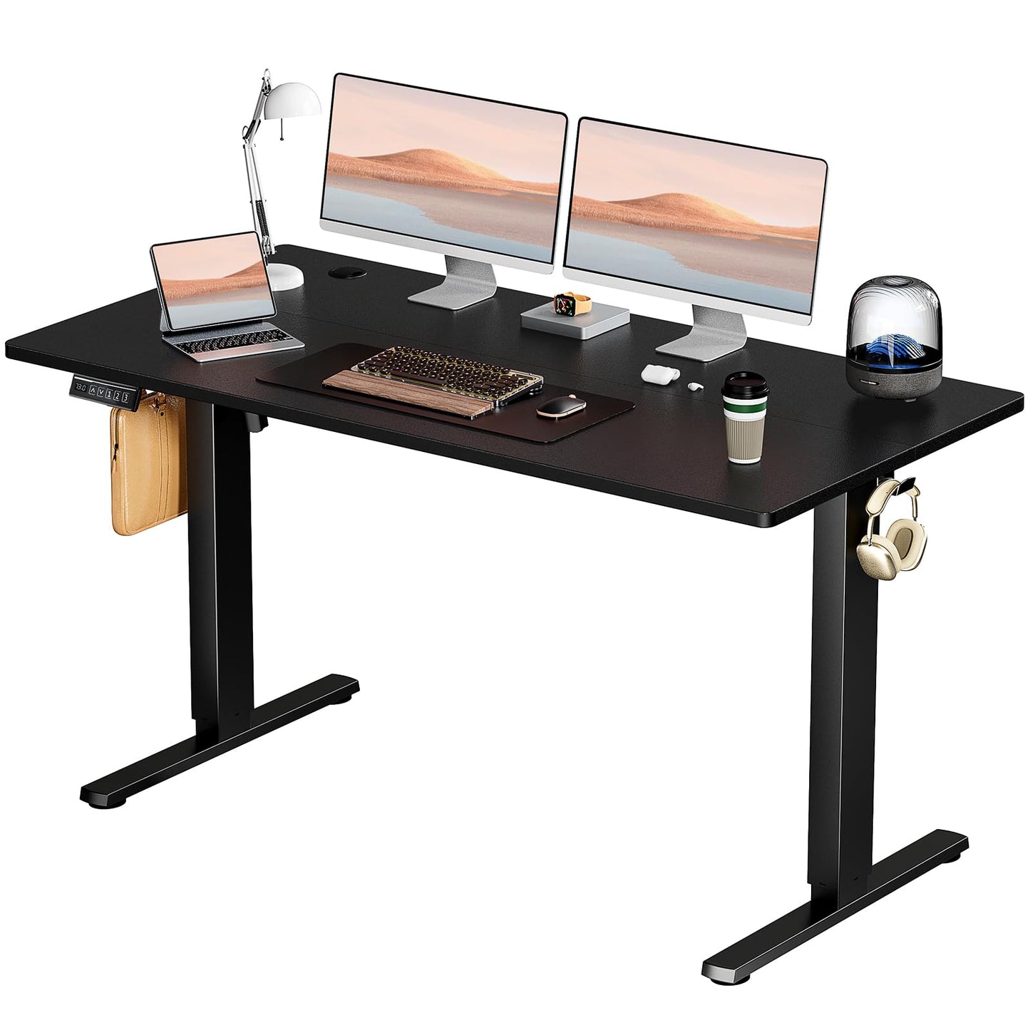 Sweetcrispy Electric Standing Desk Adjustable Height, 55x24 Inch Sit Stand Up Home Office Desks Memory Computer Workstation PC Work Table with Preset Splice Wood Board Metal Frame, Black