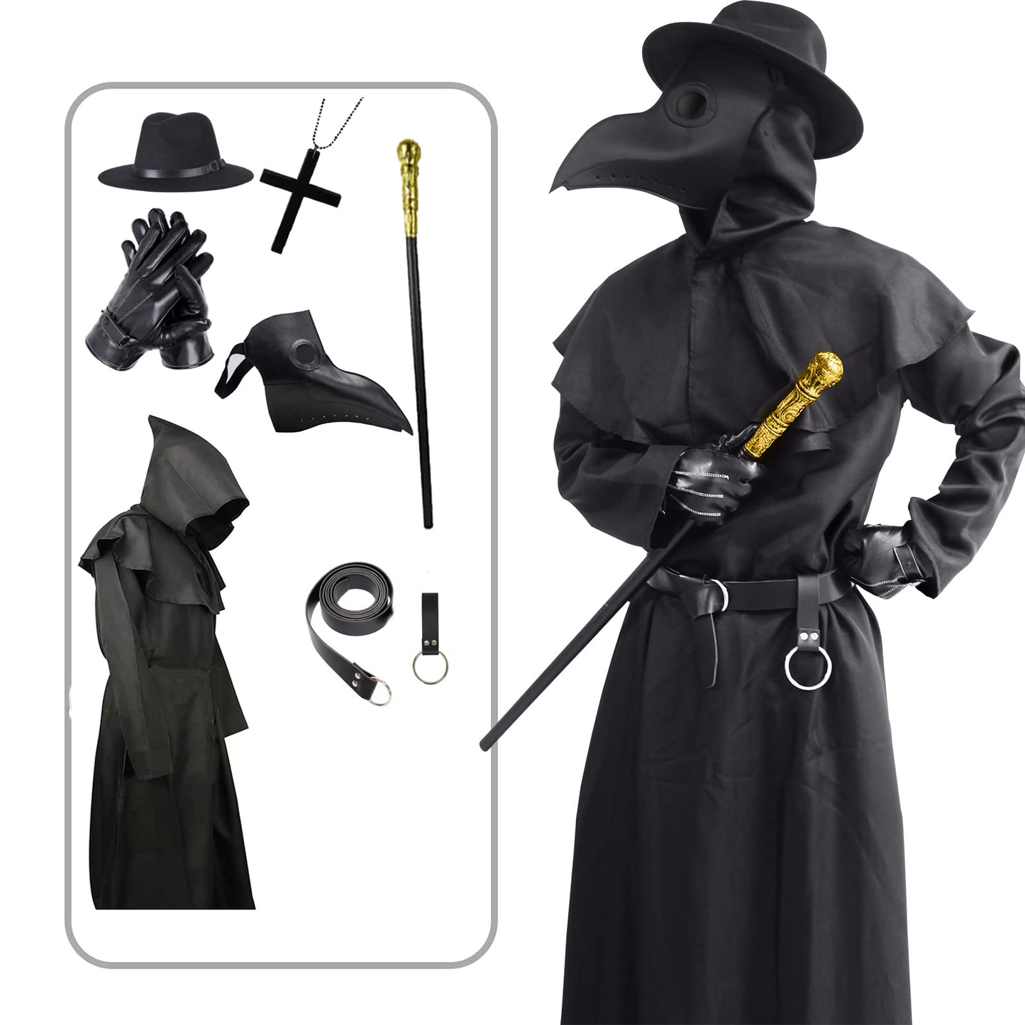 ATTBEA Halloween Costume Compatible for Plague Doctors with Bird Beak Mask, Black Cloak Robe with Hood, Medieval Monk Priest Cosplay for Men Women Adults