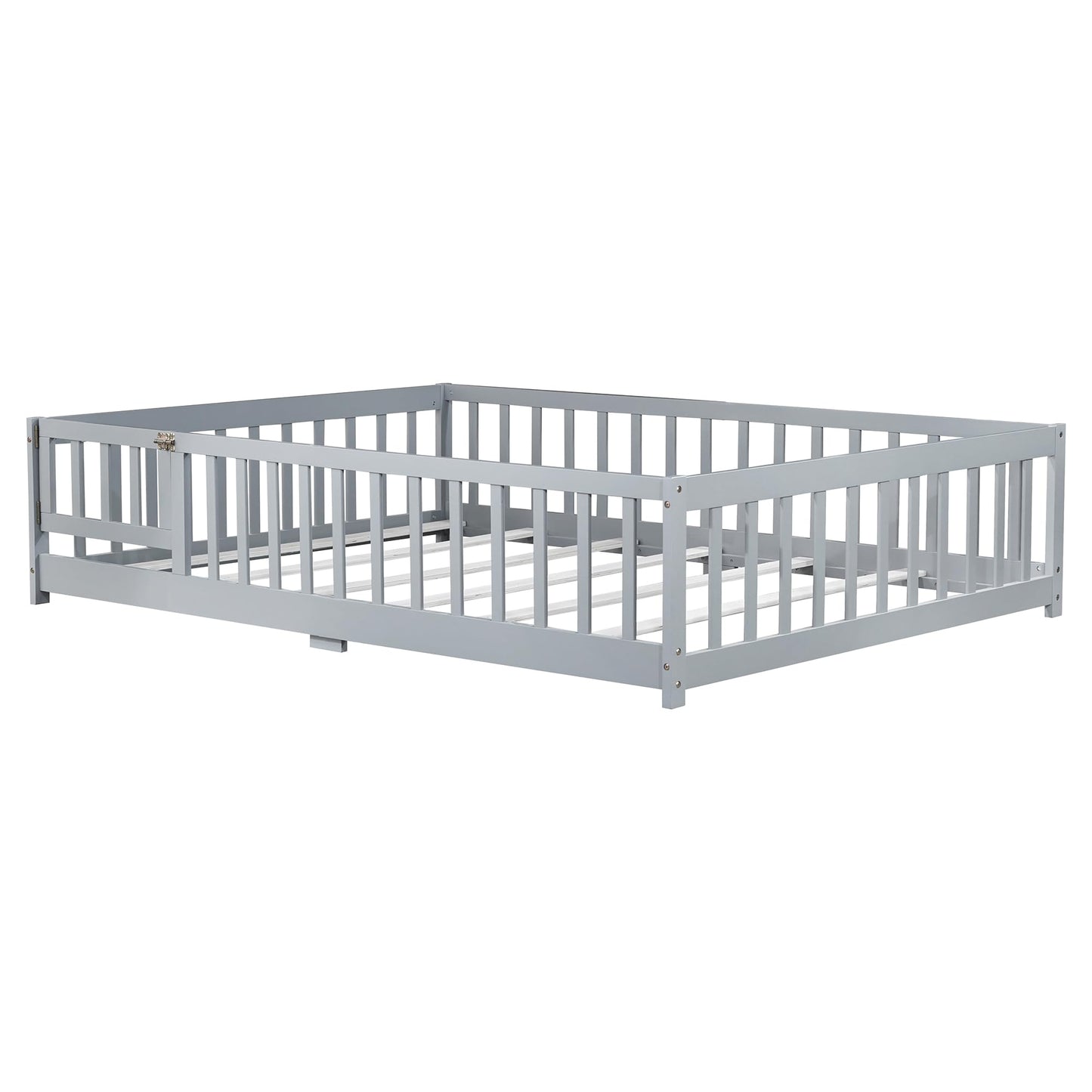 Aurnienofus Full Size Floor Bed Frame with Door and Fence,Montessori Floor Bed with Slats and Safety Guardrails for Girls Boys, Sturdy Wood Montessori Bed Frame, Grey