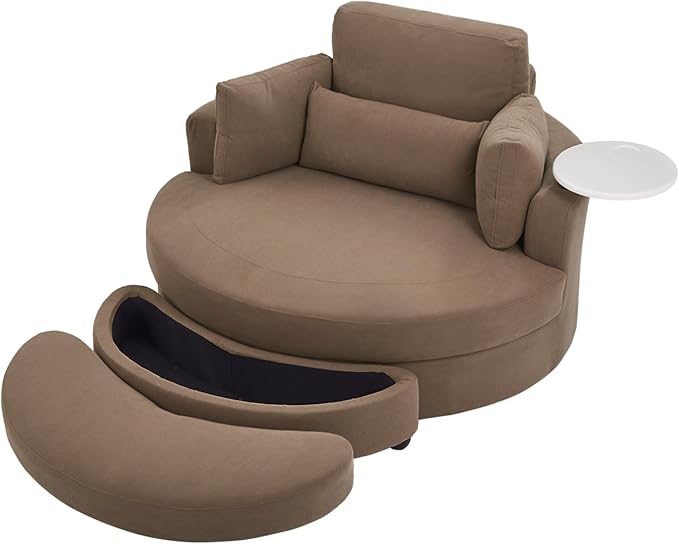 Yoglad Oversized Round Swivel Accent Chair - 360 Degree Chairs with Ottoman Armrest Tray Ideal for Living Room, Bedroom(Corduroy Brown)