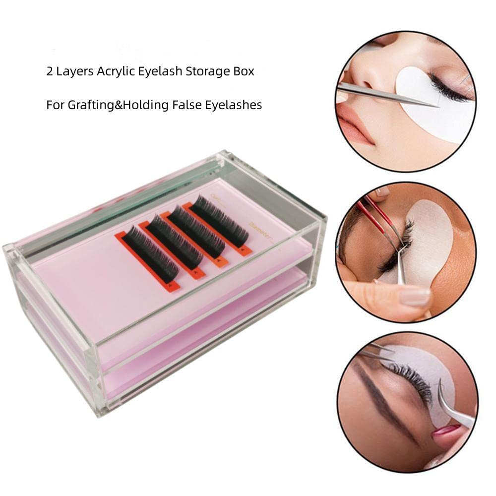 Two Layers Eyelash Grafting Pallet with Cover, Dust-proof Acrylic Lash Tile holder, Eyelash Extensions Storage Gasket Pads 2 Tie