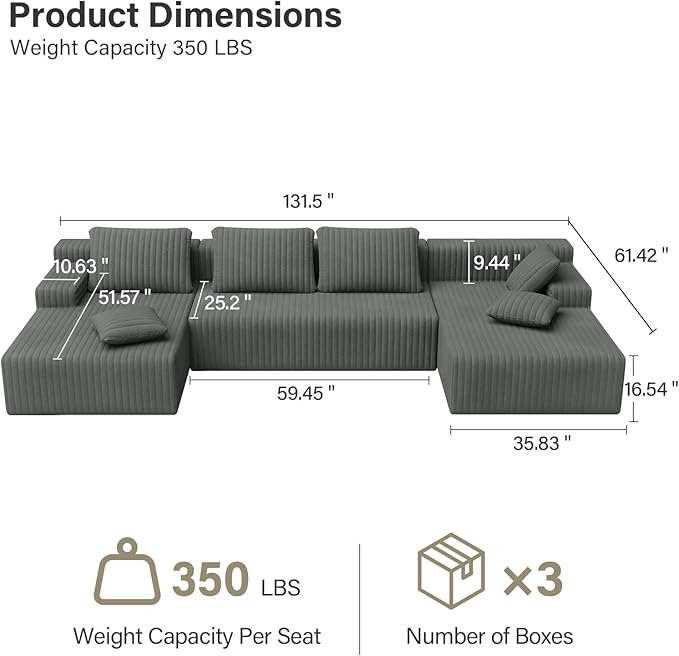 LAUSAINT HOME 132" Modular Sectional Sofa Couches, U-Shaped Boneless Cloud Sofa with 4 Deep Seat, 6 Cushiones Oversized Chaise for Living Room, Bedroom, Plush Corduroy Fabric (U Shaped Sofa, Grey)
