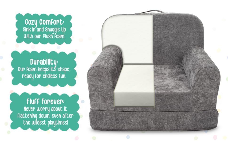ParkaLounger Children's Sofa 2-in-1 Convertible Chair & Sleeper - Durable Foam Keeps Its Shape - Lightweight, Portable with Handle - Soft, Sturdy & Cozy Seat for Lounging & Play, Gray, Medium