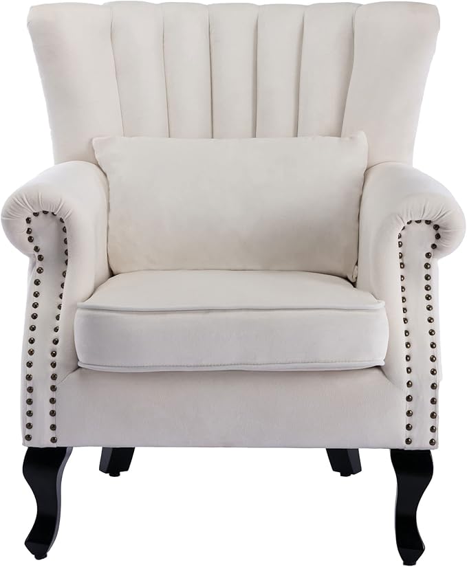 DM Furniture Mid Century Accent Chair Modern Tufted Wingback Armchairs Club Chair Velvet Fabric Single Sofa Reading Chair with Pillow for Living Room, Cream