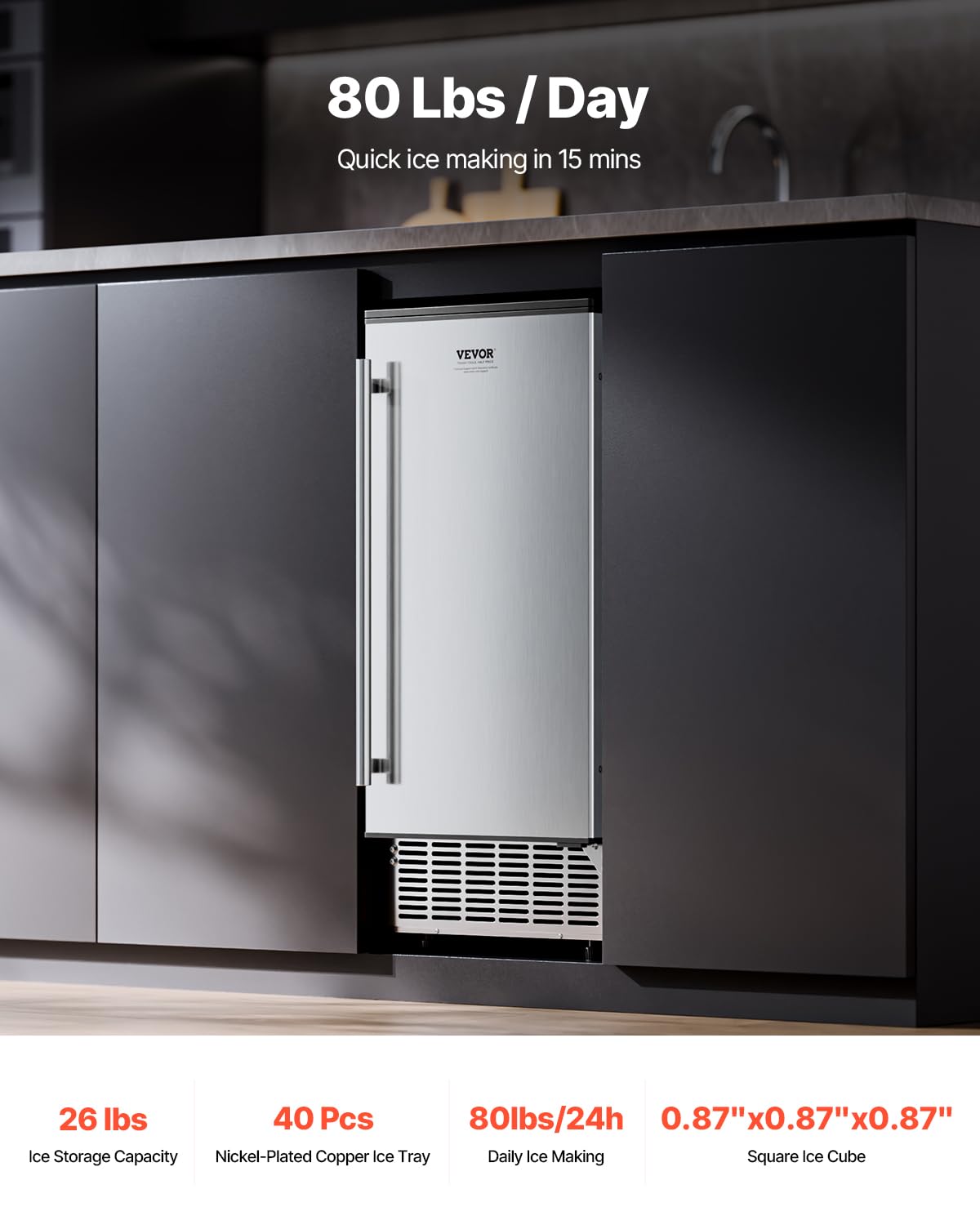 VEVOR Undercounter Built-in Ice Maker, 80 Lbs/Day Under Counter Ice Maker Machine with Reversible Door, Stainless Steel Freestanding Ice Maker for Commercial Home Kitchen, Electric Drainage