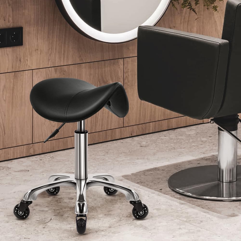 WKWKER Heavy Duty Saddle Rolling Stool With Wheels - Hydraulic Swivel Adjustable Chair, Ergonomic Thick Leather Seat for Kitchen