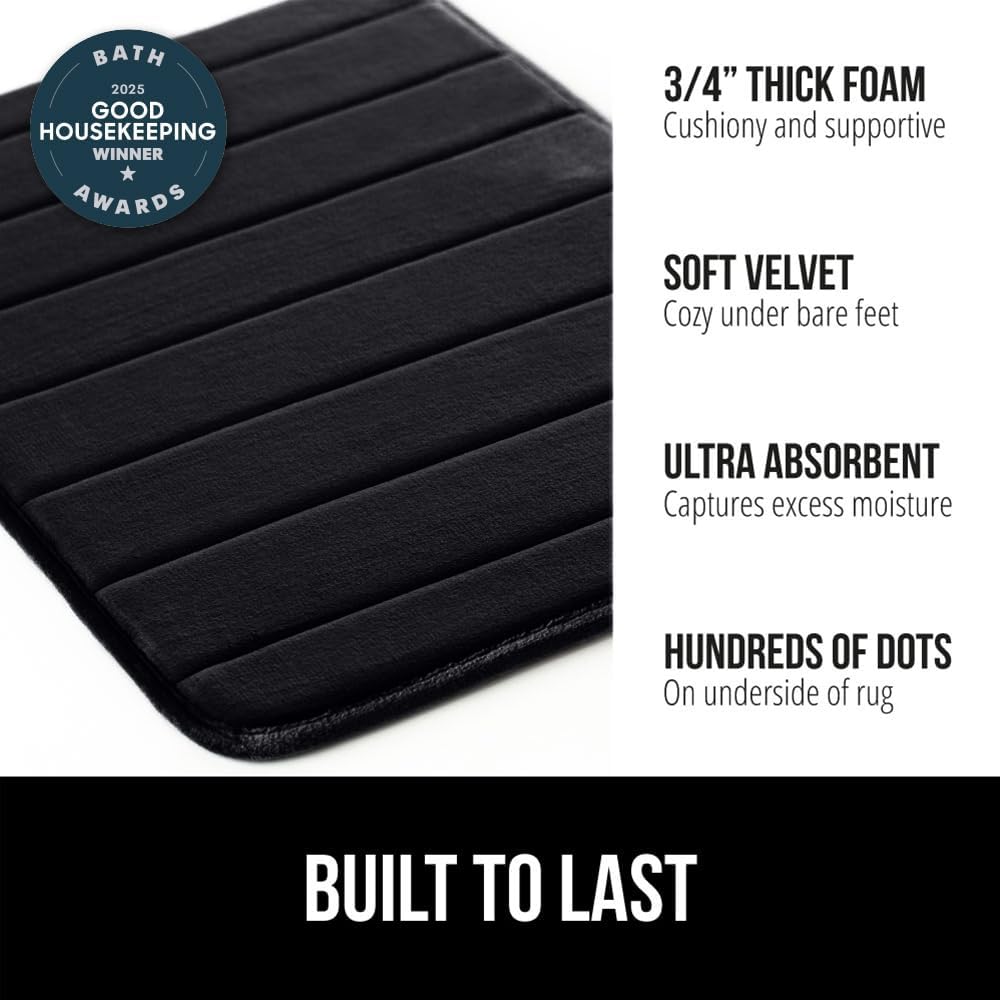 GORILLA GRIP Memory Foam Bath Mat, Soft Absorbent US Designed Bathroom Rug, Gripping Dots Machine Washable Bathmat, Cushioned Floor Mats, Shower Sink Rugs Room Décor Accessories, 24x17 Black