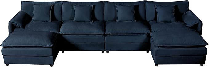 RENDGO 143" Modular Sectional Sofa, Chenille Cloud Couch for Living Rooms & Apartment, Deep Seat Comfort, Flexible U-Shape Combination Sofa for Family Guest Rooms,2 Ottoman,Blue