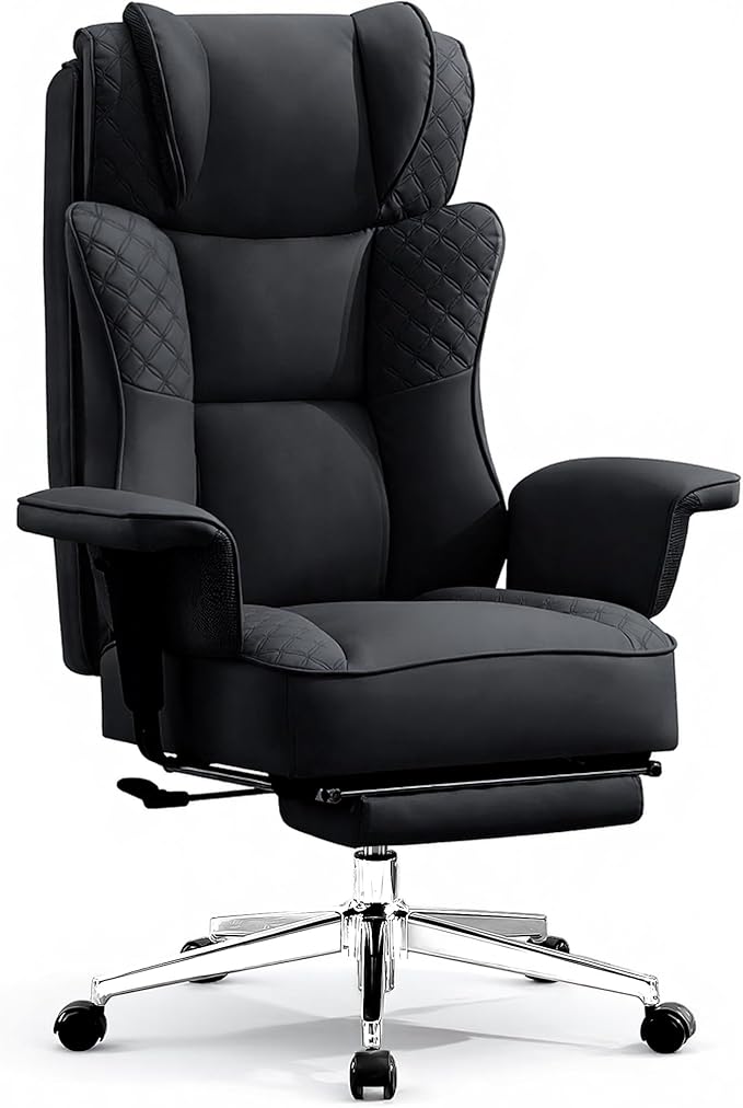 OwgeinSet Big and Tall Office Chair, Ergonomic Leather Reclining Chair with Footrest, High-Back Comfy Executive Computer D...
