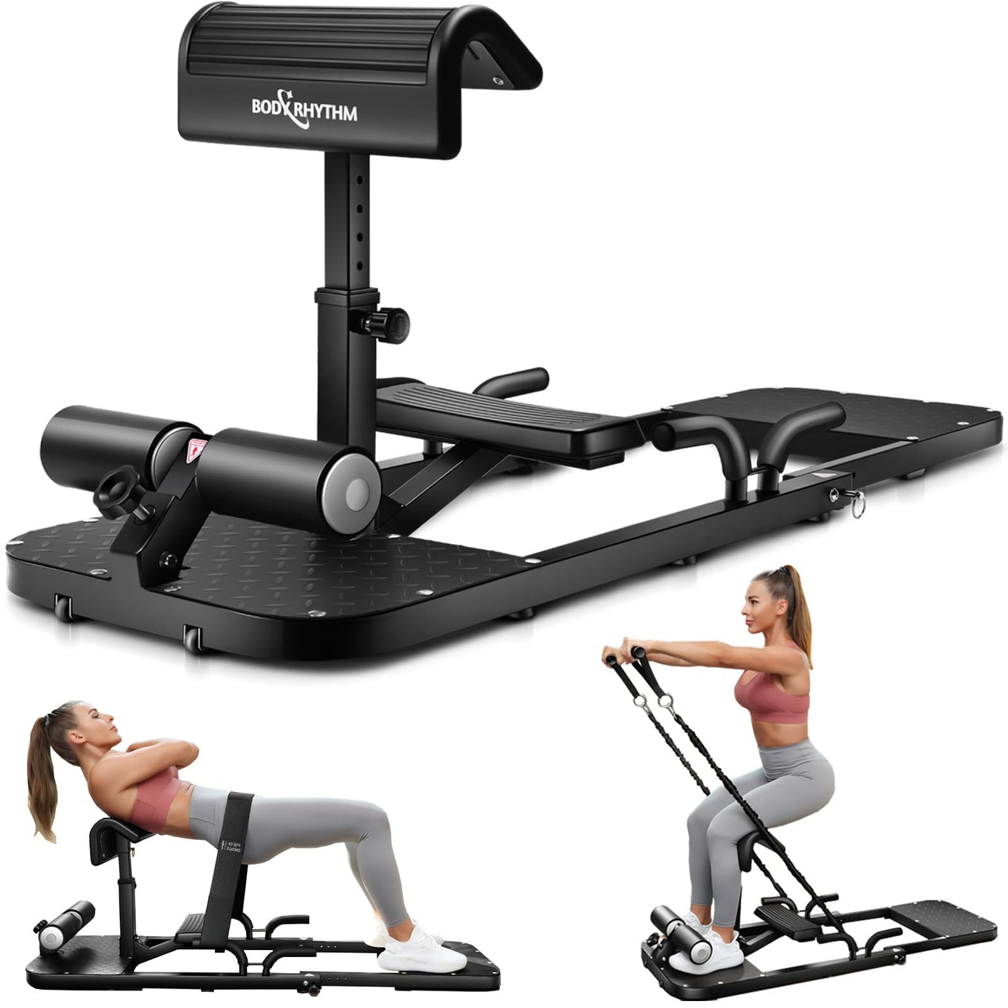 BODYRHYTHM Hip Thrust Machine with 2 Sets of Resistance Bands, Sissy Squat Machine, Squat Workout Machine & Glutes Workout Equipment, Bulgarian Split Squat Stand for Legged Lunges. (Black)