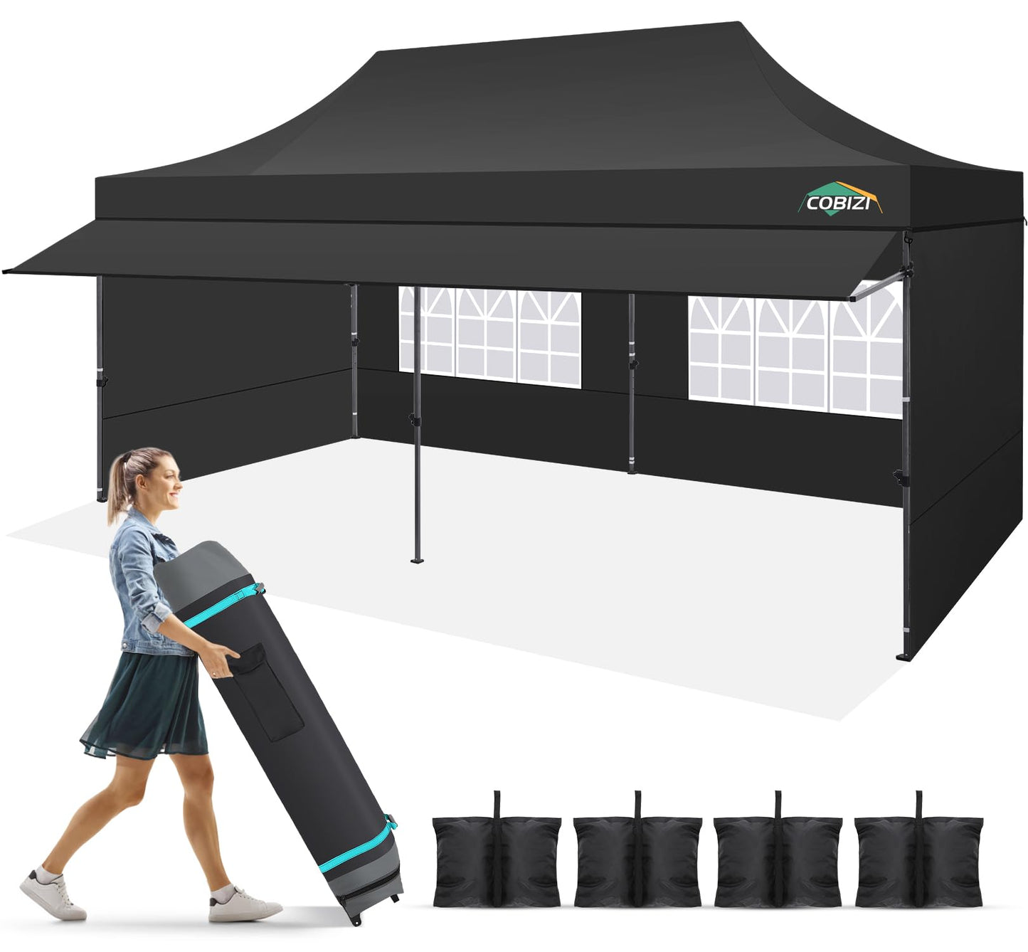 COBIZI 10x20 Pop Up Canopy Tent with Awning & Sidewalls, Commercial 10X20 Canopy Tents Instant Waterproof, UPF 50+ Sun Shade for Outdoor, Parties, Markets (Black)