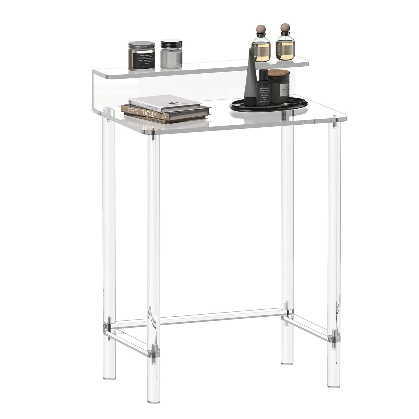 Eglaf Acrylic Small Vanity Desk - 23.6'' L x 15.8'' W x 33.9'' H - Modern Makeup Vanity Table with Desktop Stand - Acrylic Makeup Table Dressing Table for Small Spaces, Bedroom, Cloakroom (Clear)