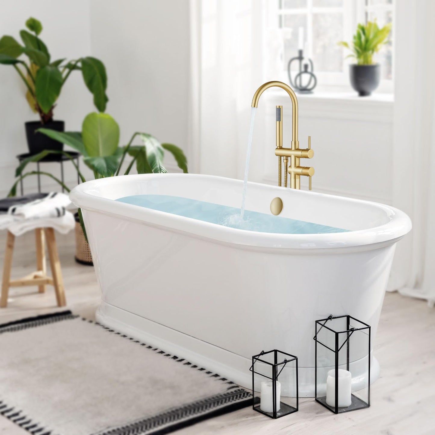 gotonovo Floor Mount Bathtub Faucet High Flow Freestanding Tub Filler Standing Shower Faucets with 360° Swivel Gooseneck Spout and Cylinder Handheld Spray, Brushed Gold