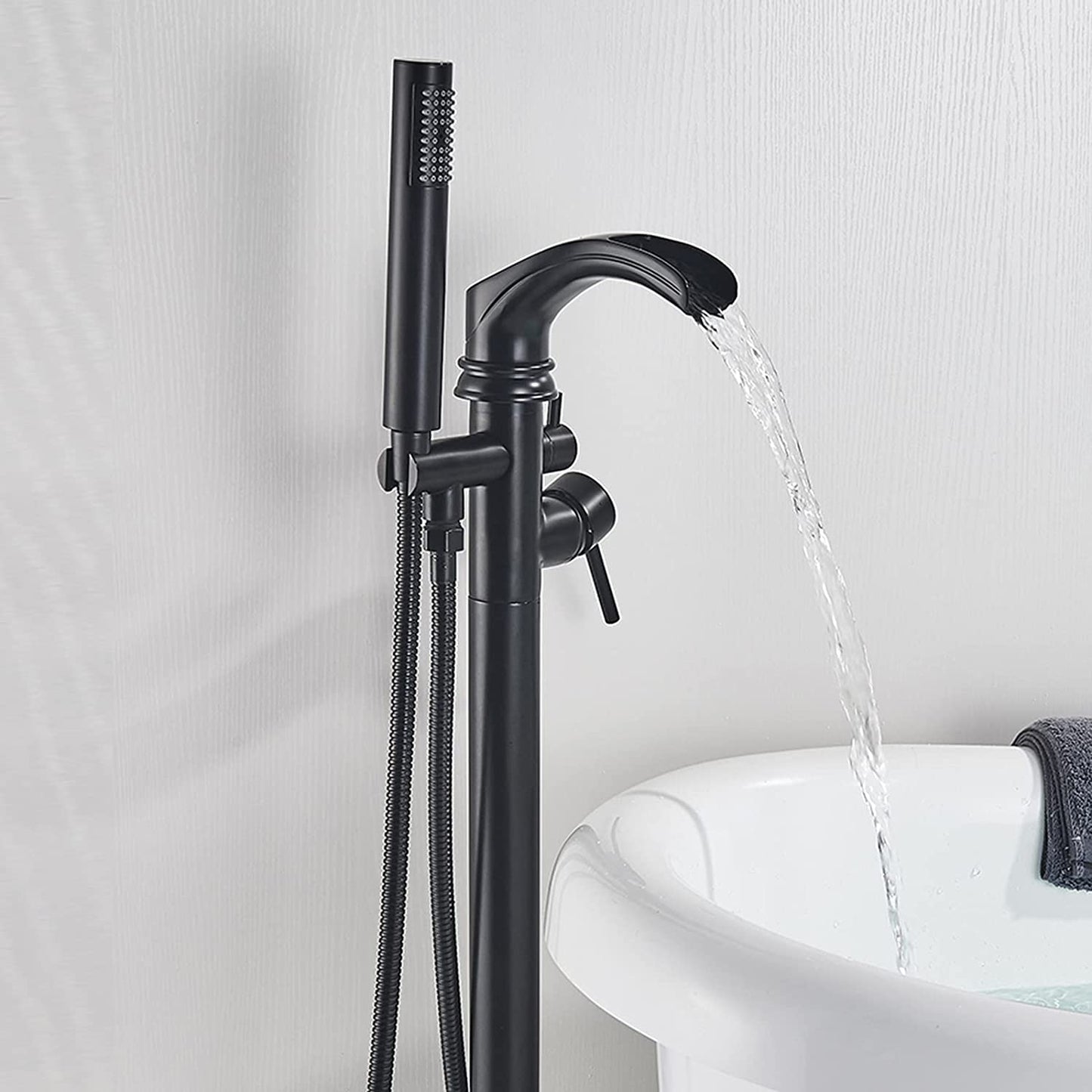 Senlesen Black Freestanding Bathtub Shower Mixer Taps Floor Mounted Single Handle Clawfoot Tub Filler Shower Faucets with Hand Sprayer
